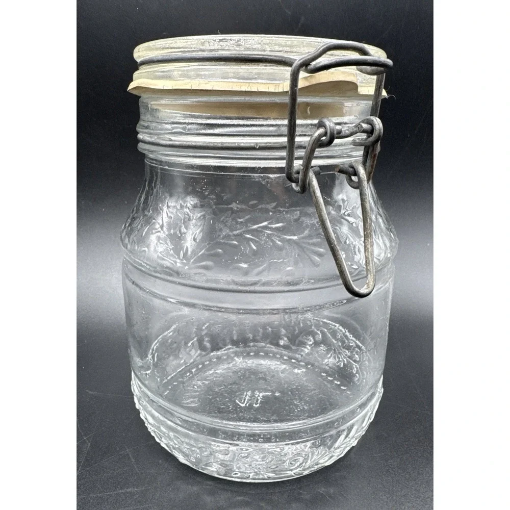 Vintage 70s Floral Cove Glass Jar Wire Latch Canister 1 Liter / Quart 6.5